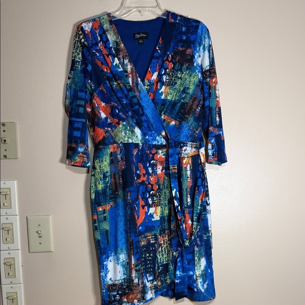 Oleg Cassini Blue Multi abstract wrap midi dress